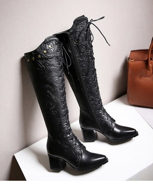 Embossed Lace-Up Tall Boots